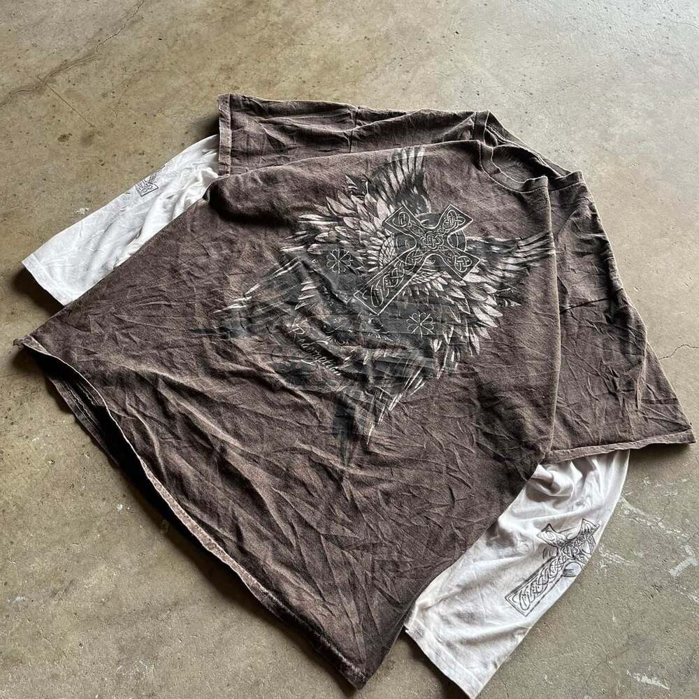 Vintage Y2K Redemption Gothic Cross Longsleeve Shirt, Brown Mineral Wash, Size M